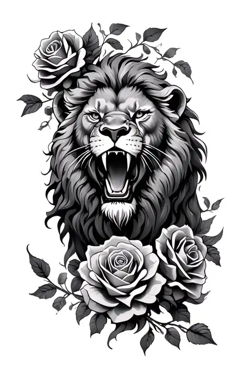 Roaring Lion And Roses Intertwined