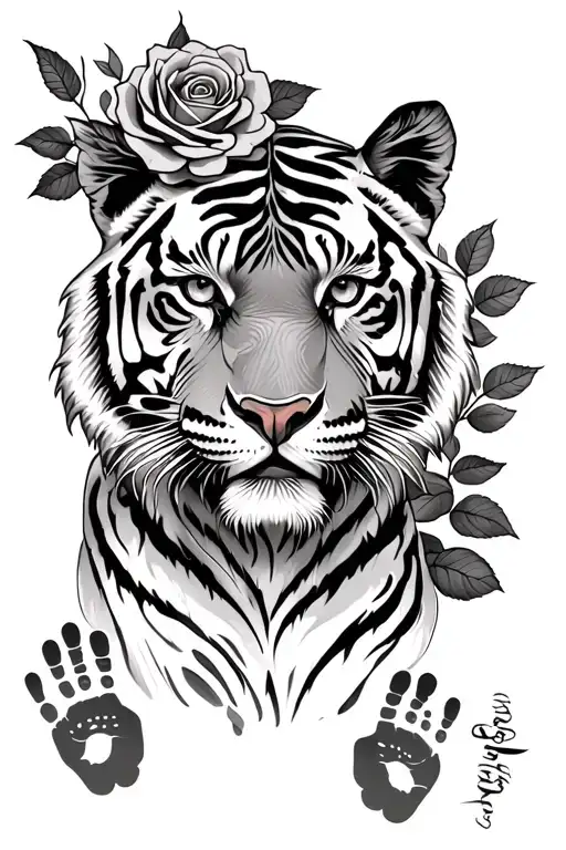 Tiger With Roses And Hand And Feet Prints
