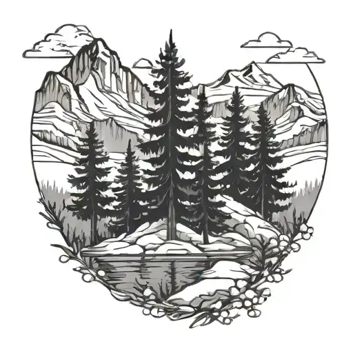 Pine Tree Snow Capped Mountains