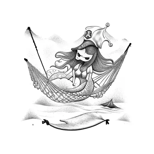 Mermaid With A Pirate Hat Lounging On A Beach Hammock