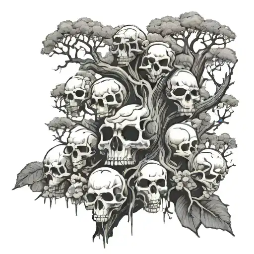 Tree With 9 Skulls At The Root Of A Tree