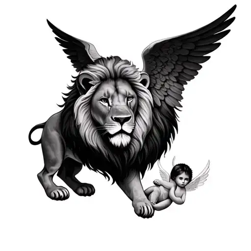 Lion With Baby Angel Underneath Lion