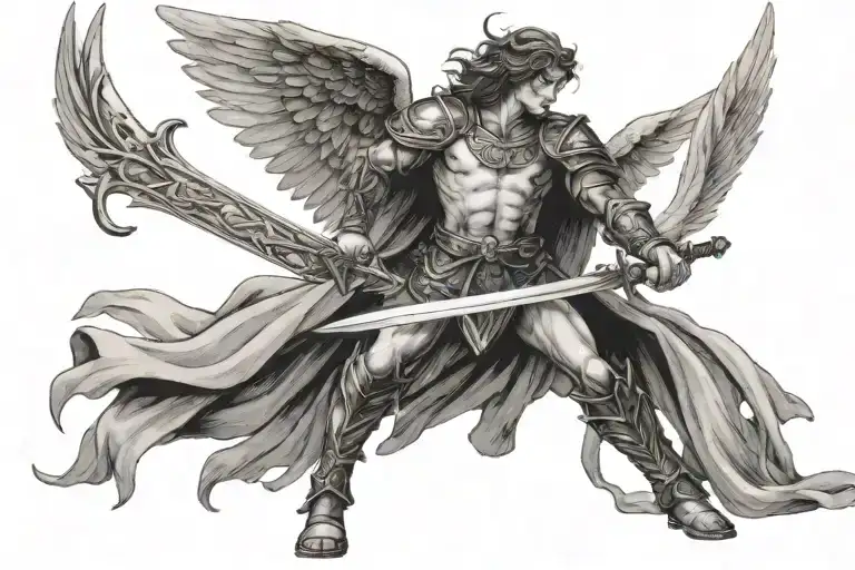 Landing Angel With Wings Spread Driving A Sword Into The Ground