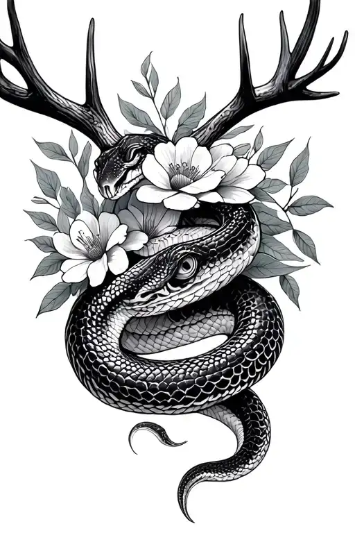 Floral Snake And Antlers Intertwined