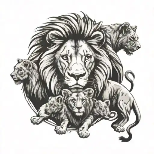 Lion With 3 Cub Surrounded