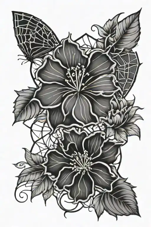 Spider Web With Hibiscus And Sunflowers Around