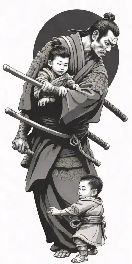 Samurai Iready For War With 2 Children Holding His Arms To Pull Him