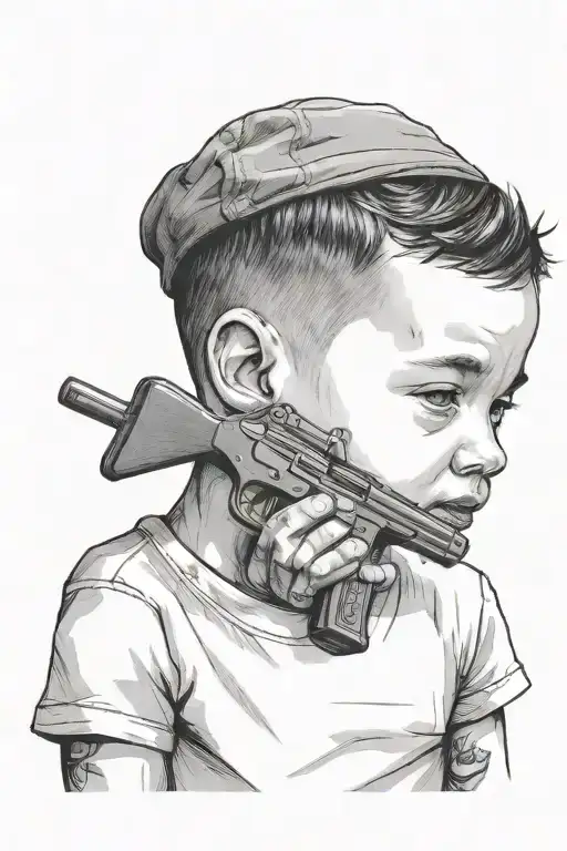 A Little Boy Holding A Gun At His Father's Head From Behind Him