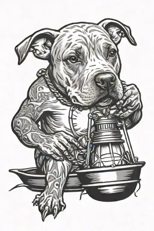 Pitbull Holding Lantern In A Boat