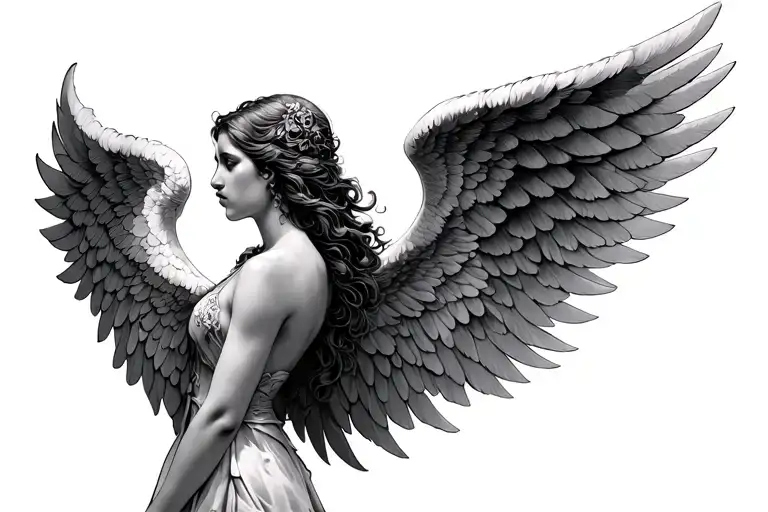 Gaurdian Angel Wings Spread Realism Blackwork