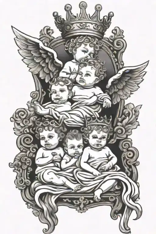 3 Baby Angels And 1 Devil In A Throne Wearing A Crown