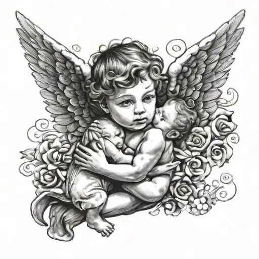 Boy Angel Holding Baby Angel Looking At Him