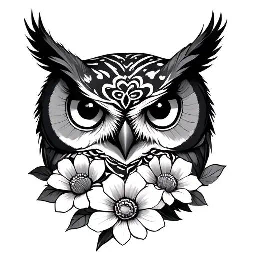 Owl Face And Flowers Intertwined