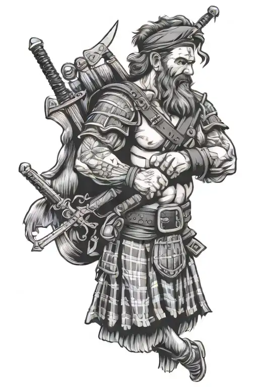 Scottish Kilt Holding Dagger Surrounded
