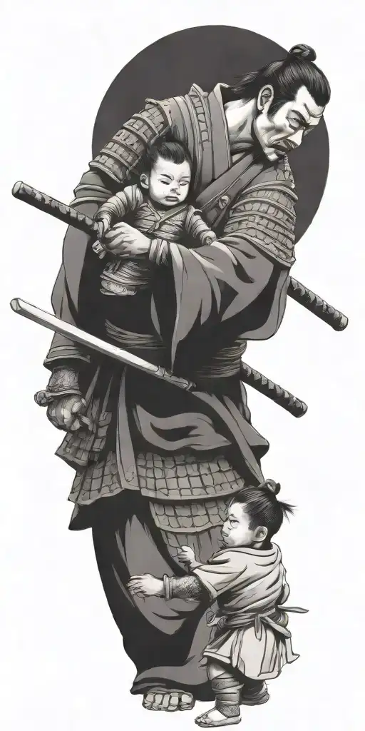 Samurai In Full Armor Ready For War With 2 Children Holding His Arms To Pull Him