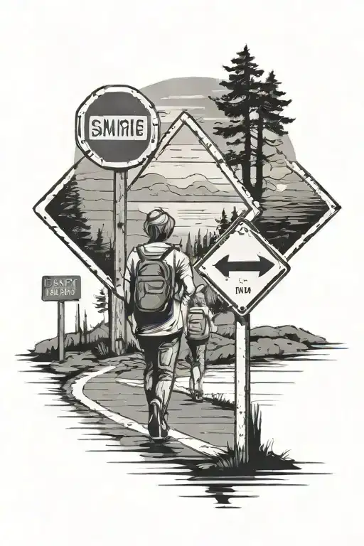 Road Signs In Background With Mother And Son Walking Towards