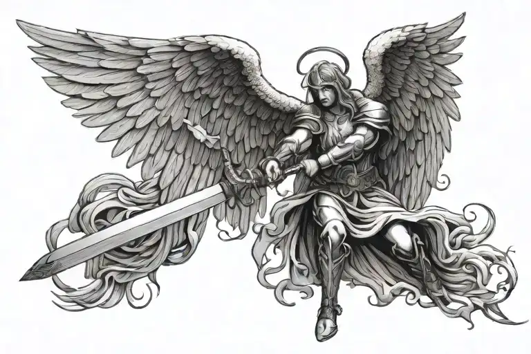 Landing Angel With Huge Wings Spread Driving A Sword Into The Ground