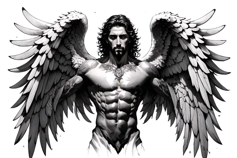 Gaurdian Angel Wings Spread Realism Blackwork Tattoo Male Full Body