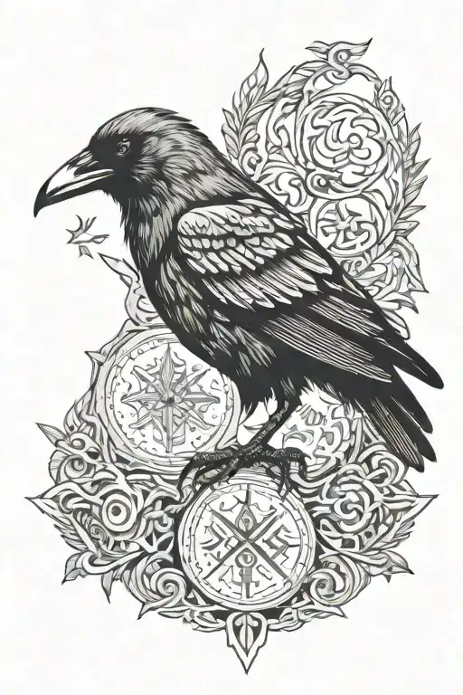 Crow Standing With Nordic Runes