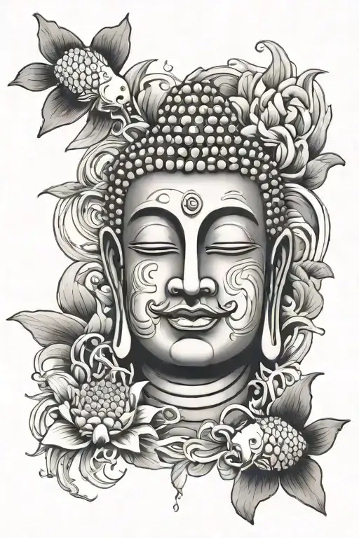 Buddha Face And Koi Fish Surrounded