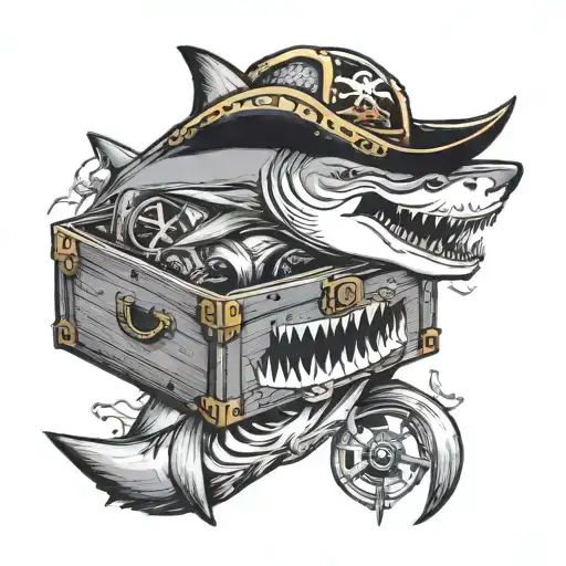 A Fierce Shark With A Pirate Hat And A Treasure Chest Filled With Musical Instruments