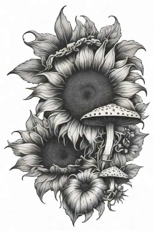 Sunflower And Mushrooms Growing