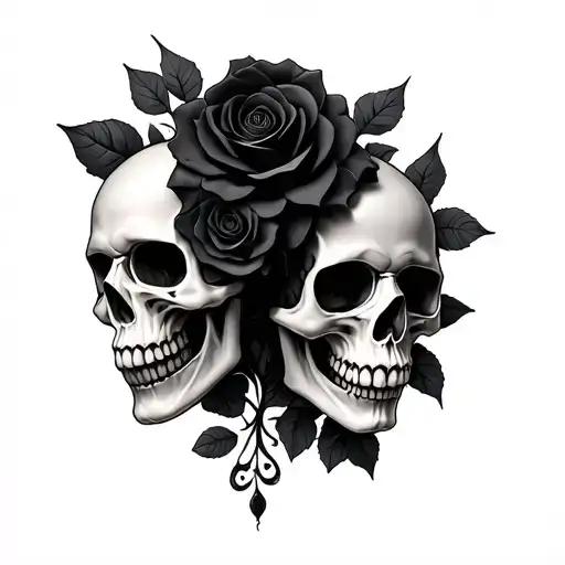 Colorful 3D Wicked Morphed Skulls With Black Roses Intertwined