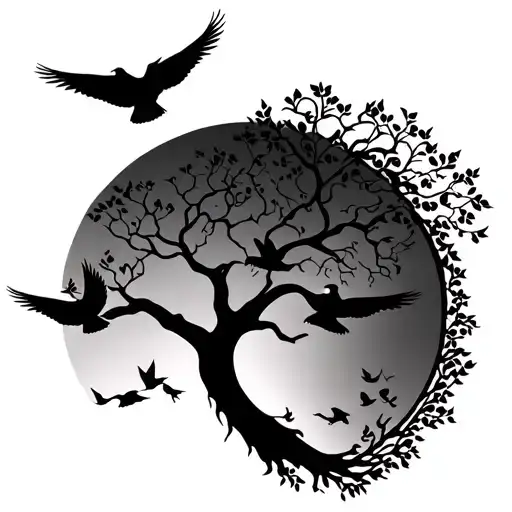 Tree Of Life Tatto With 7 Birds Flying Away