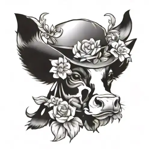 Small Cow With A Cow Boy Hat Sitting In Flowers