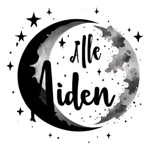 The Name Aiden In Cursive With A Moon Background And Stars