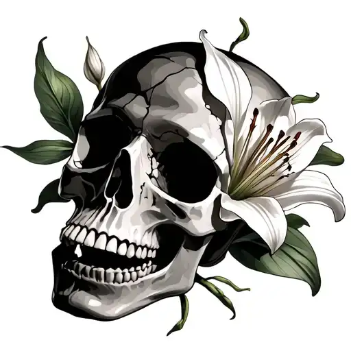 A Photo Realistic Tattoo With A Damaged Human Skull And A Lily Flower