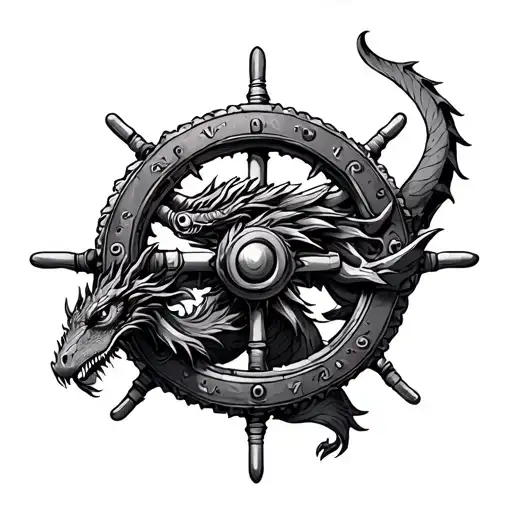 Mechanical Dragon Wrapped Around A Ship Wheel