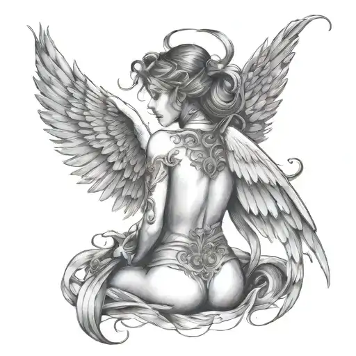 Back Tatto Of Half Angel Half Demon Girl Stars Around