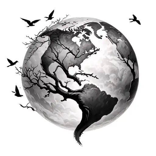 World Tree Tatto With 7 Birds Flying Away