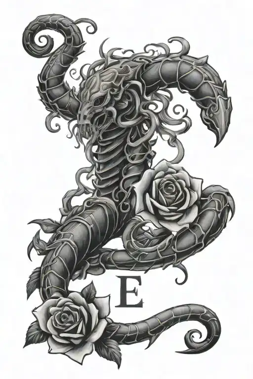 Scorpion Based Tattoo With A Faceless Woman With Curly Hair And The Letter E In A Rose