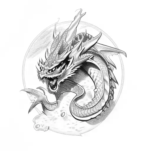 Pencil Drawn Dragon With Three Stars In The Background