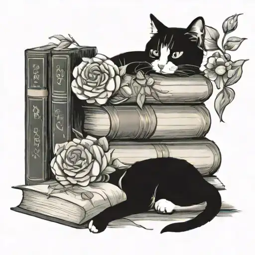 Books With Flowers And A Cat Lounging