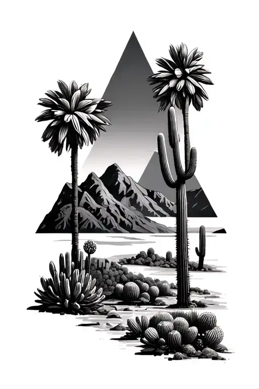 Palm Springs Mountains And 3 Triangles And Cactus And Seqouia Tree