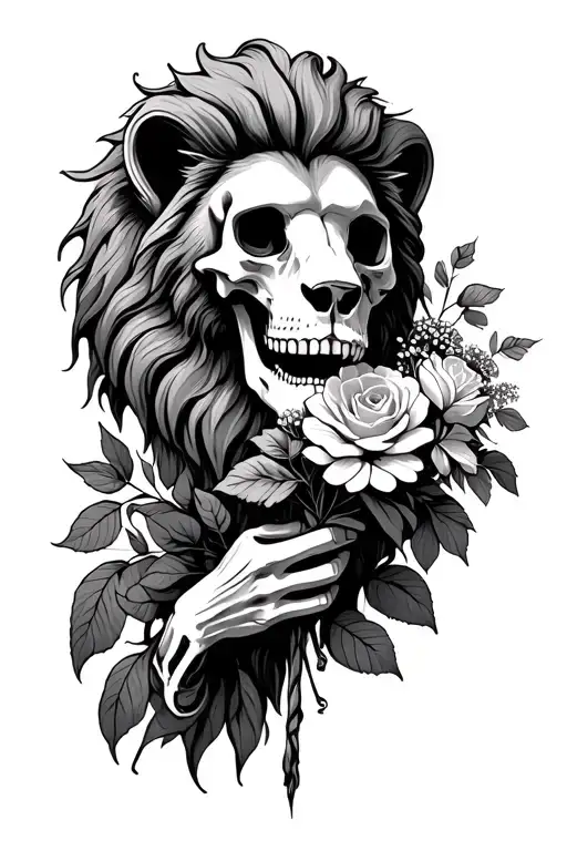 Lion Head Skeleton Hand Holding A Bouquet