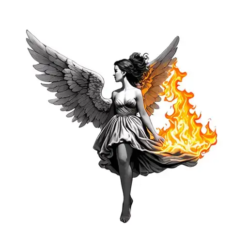 Female Angel In Dress Facing Sideways On Fire