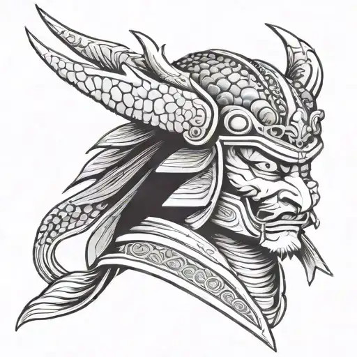 Samurai Head With Dragon Helmet Facing Forwards
