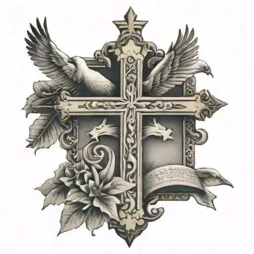 Cross With Bible Verse In It But Crown On Top Of It And 3 Doves Flying Around It