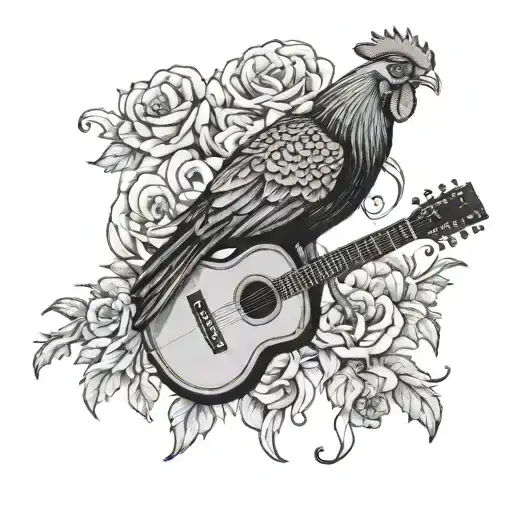 An Intricate Black And Grey Tattoo Featuring A South Carolina Gamecock Playing An Acoustic Guitar