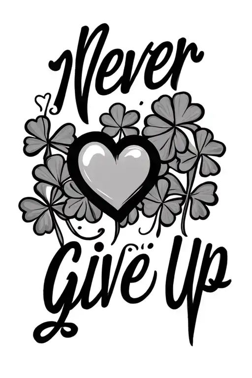 Heart Beat Line With Heart Four Leaf Clover And Phrase Never Give Up