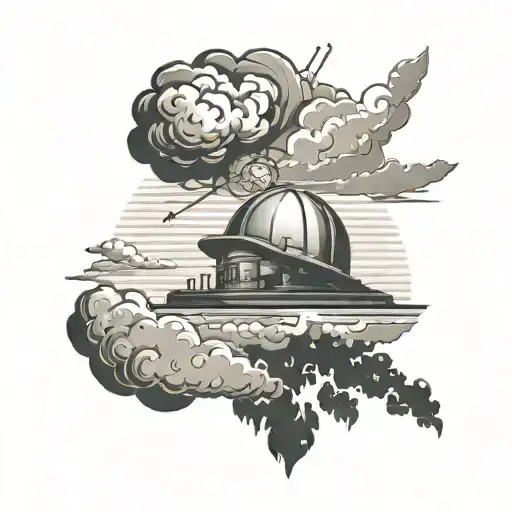 A Black-grey Tattoo Of A Sunset With A Hidden Image Of An Electrician's Hard Hat In The Clouds