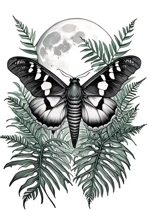 Moth With Monstera And Ferns And Moon