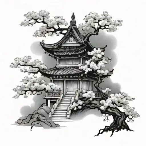 Pagoda Temple With Cherry Blossom Tree