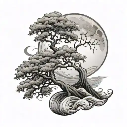 Tree And Waves Form Moon