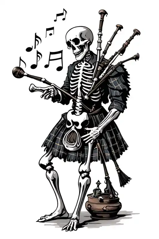 Scottish Highlander Skeleton Playing Bagpipes And Music Notes Coming Out