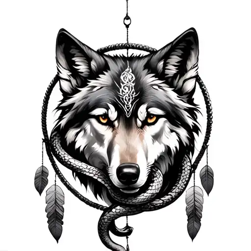 Wolf Dreamcatcher With Snake Wrapped